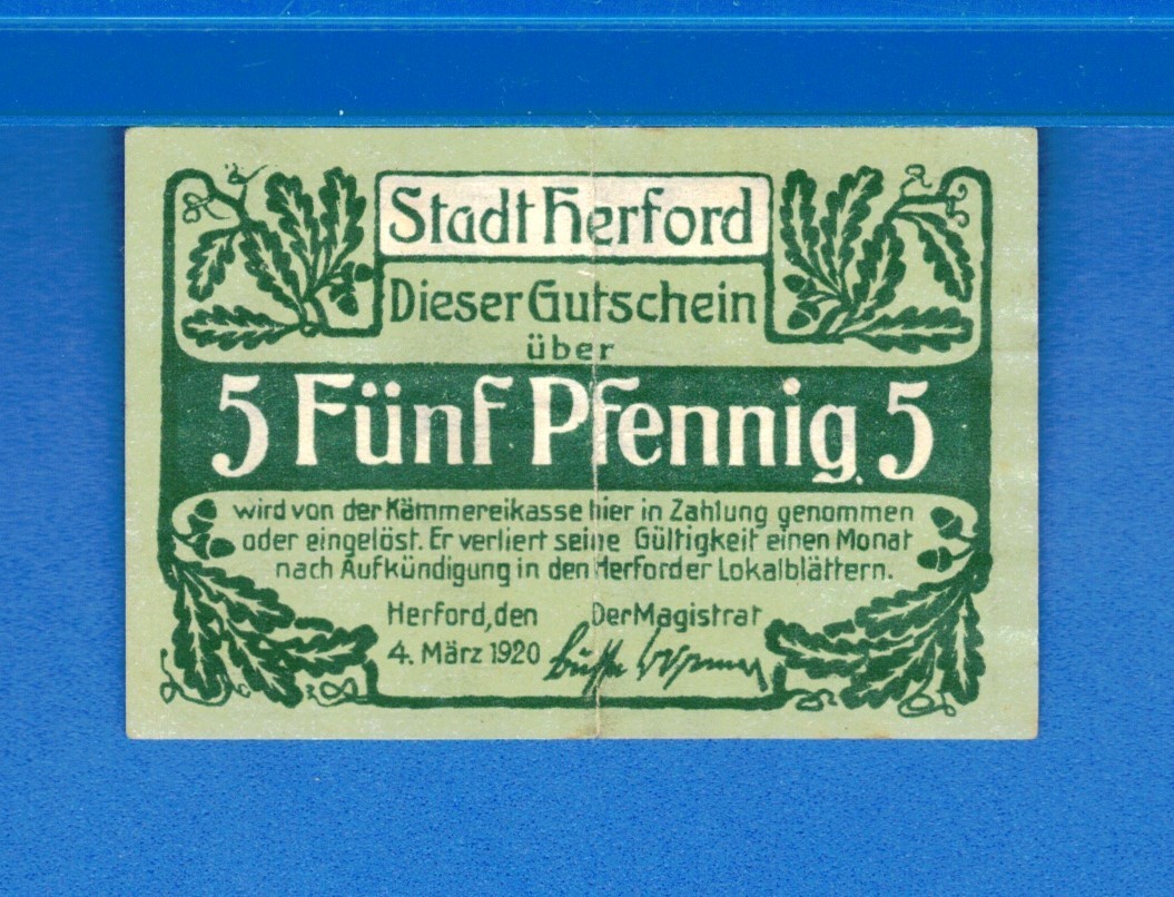 Germany Notgeld Herford 5 Phenning Year 1920 Circulated Banknote