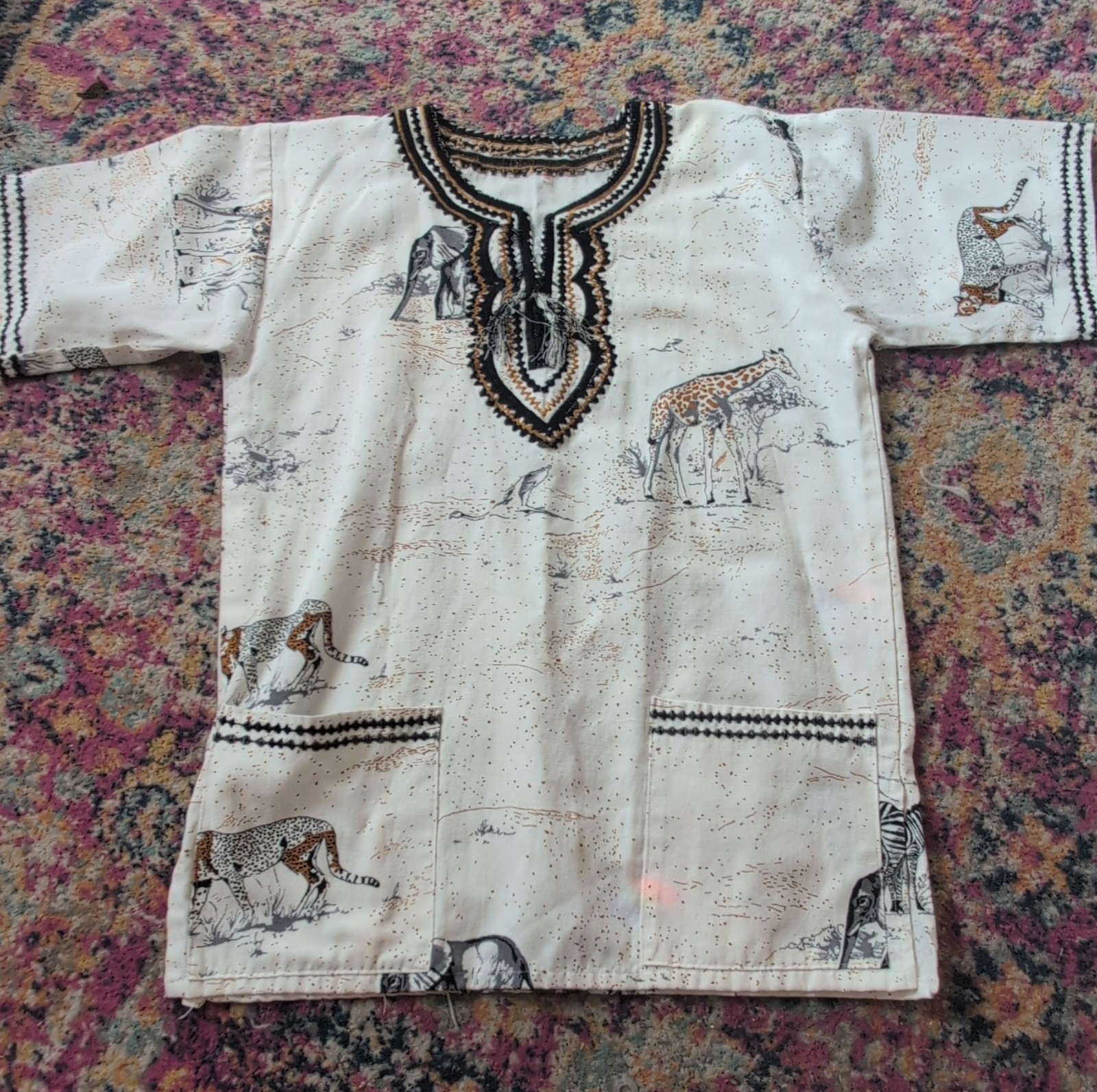 Dashiki Shirt Beige Cotton Animal Print Embroidered Neckline Short Sleeve Unisex
