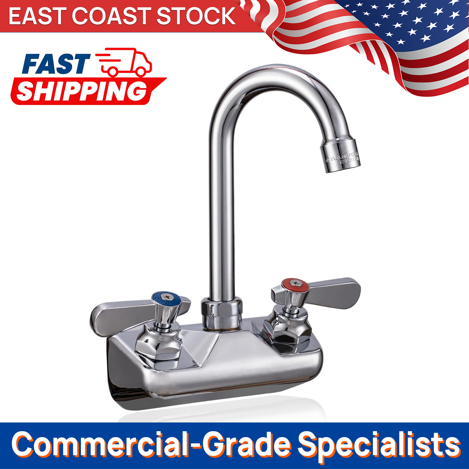 Wall Mount Hand Sink Faucet 4" Center 3.5" Swivel Gooseneck