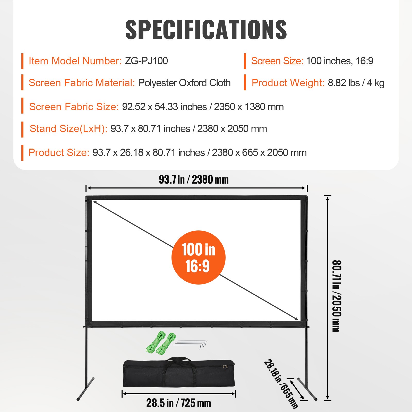 Uimoso Projector Screen with Stand 100 in 16:9 4K 1080 HD Movie Screen Bar Feet