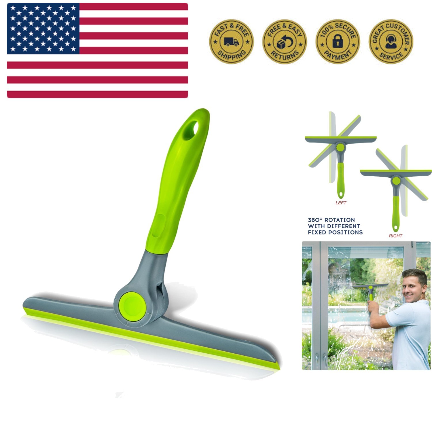 10" Heavy Duty Green, Grey Window Cleaning Squeegee, Handheld Squeegee for Gl...