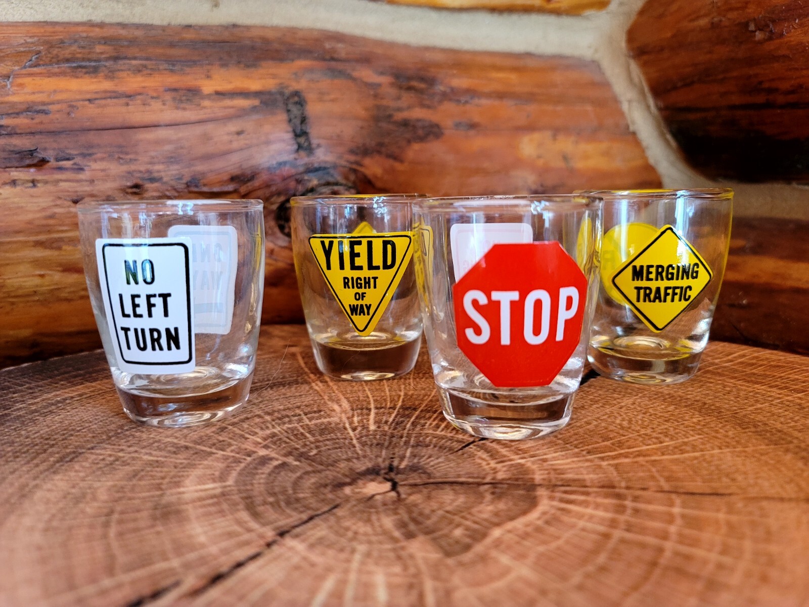 Vintage Anchor Hocking Collectible Traffic Road Signs Shot Glasses Set of 4