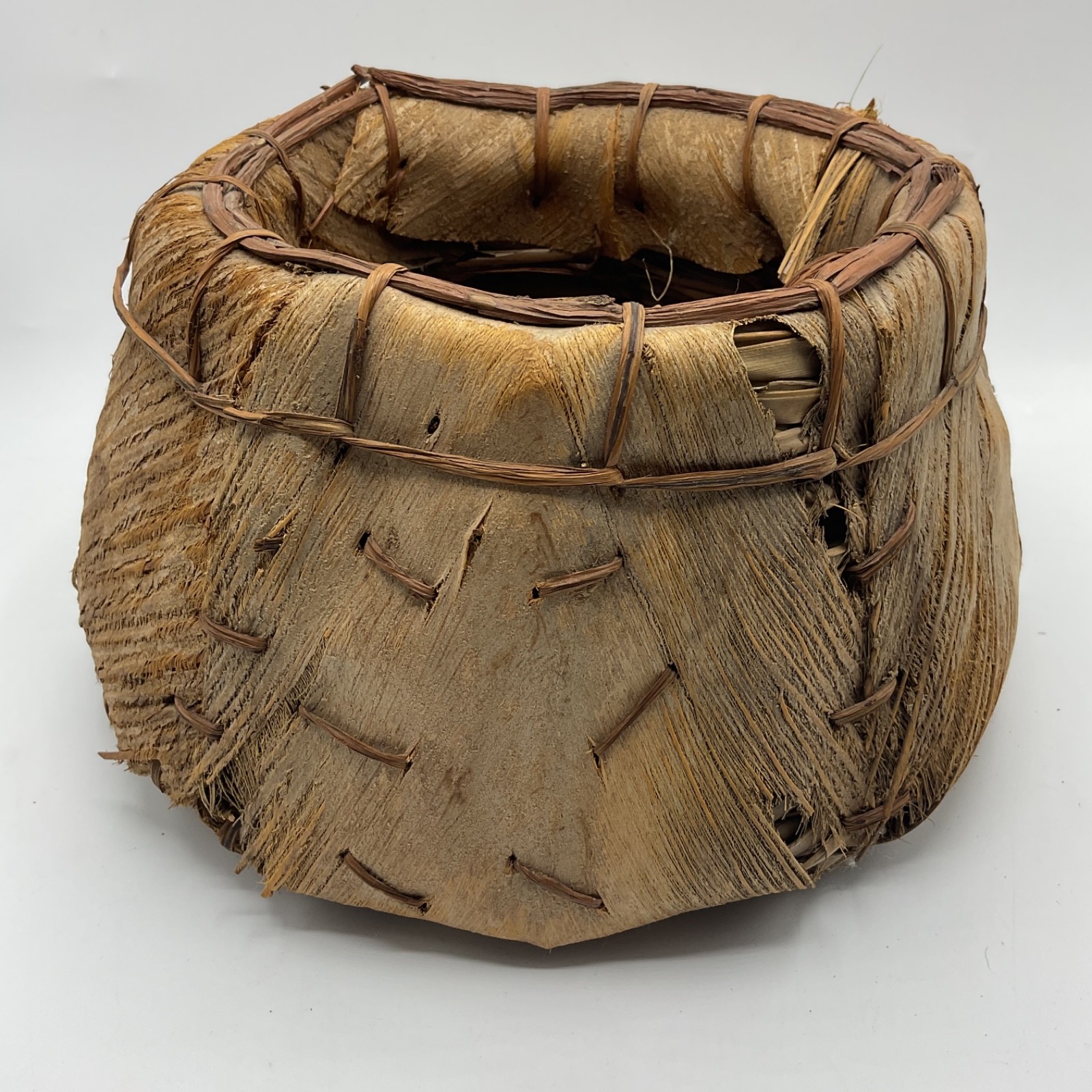 Handmade Palm Husk Sheath Basket Planter 11” Rustic Tiki Boho Tropical