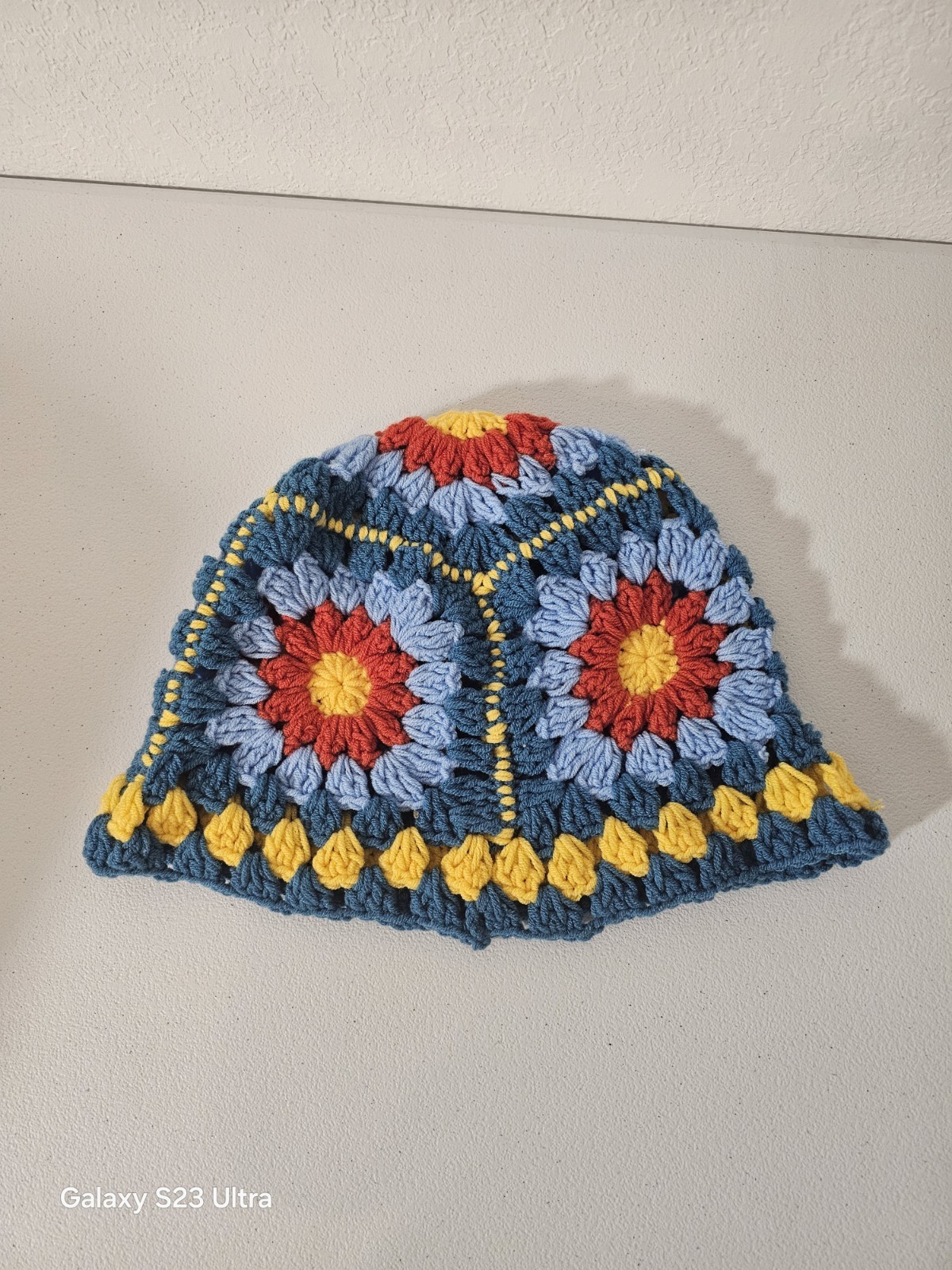 Handmade Crochet Granny Square Hat Multicolor Blue Yellow Red