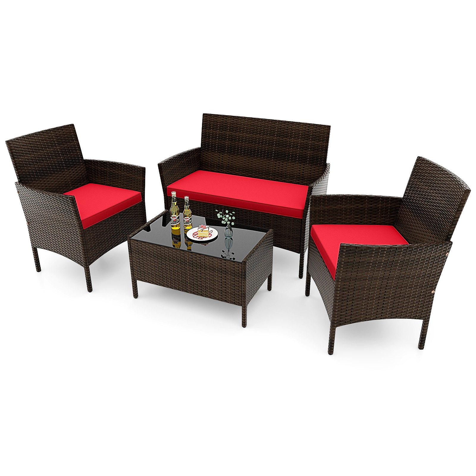 Patiojoy 4-Piece Rattan Patio Conversation Set Cushioned Sofa with Coffee Table