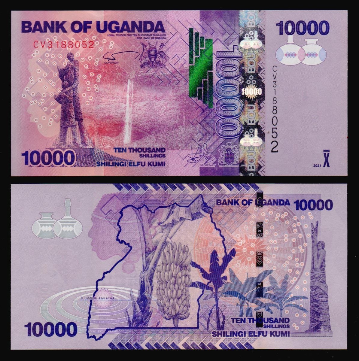 UGANDA: B157g  P#52g 10000 Uganda Shillings 2021 Uncirculated Banknote.