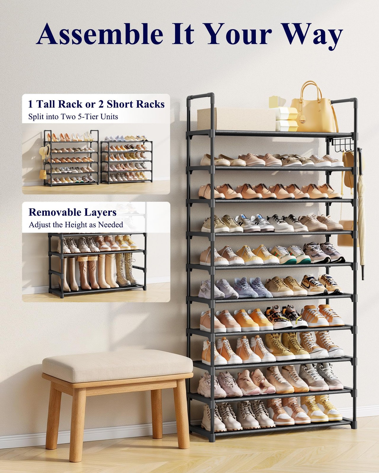 Shoe Rack for Closet 10Tier Shoe Organizer with Hook Rack, LargeCapacity & S...