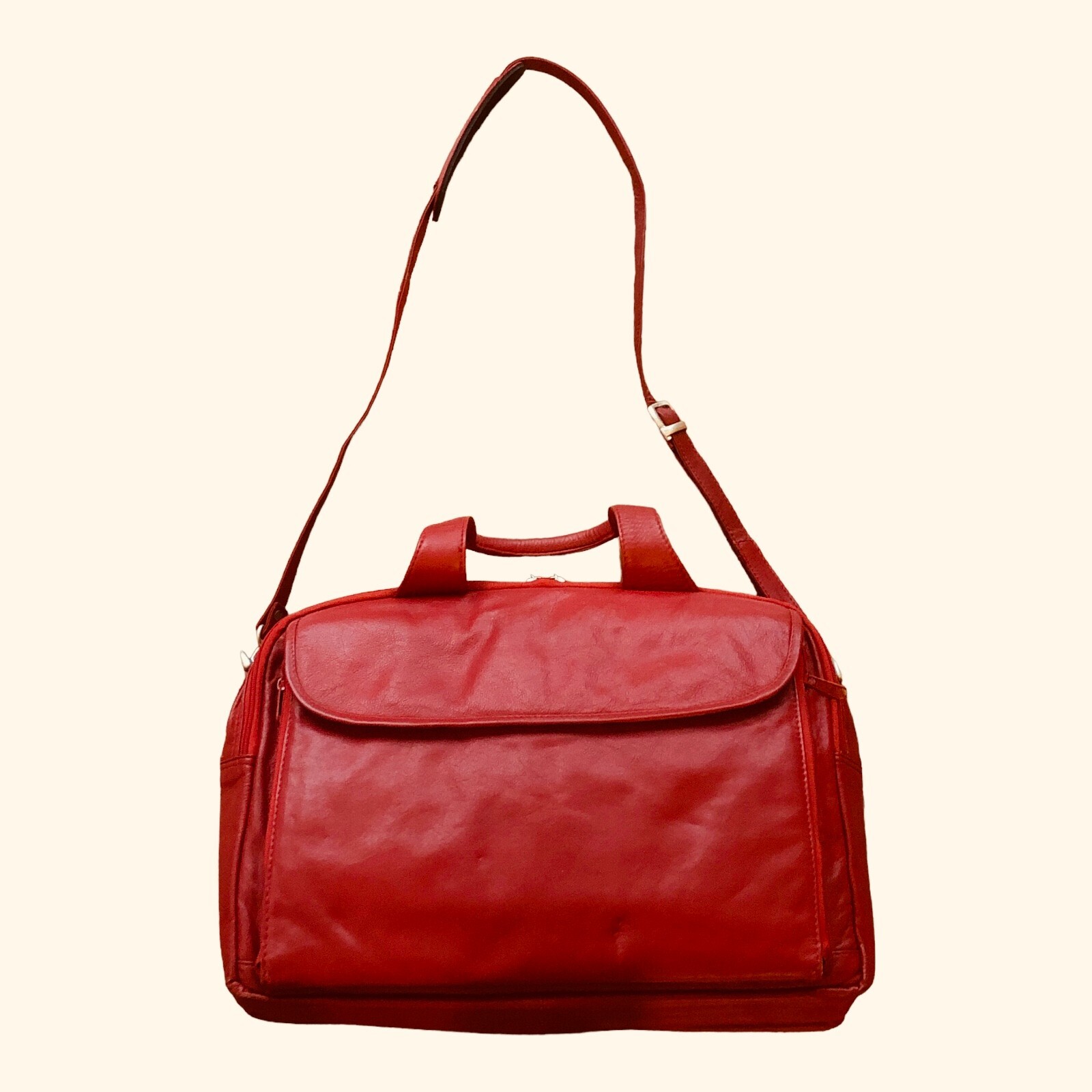 Red Leather Adjustable Shoulder Strap Two Handle Messenger Bag 15.5"x10"x5