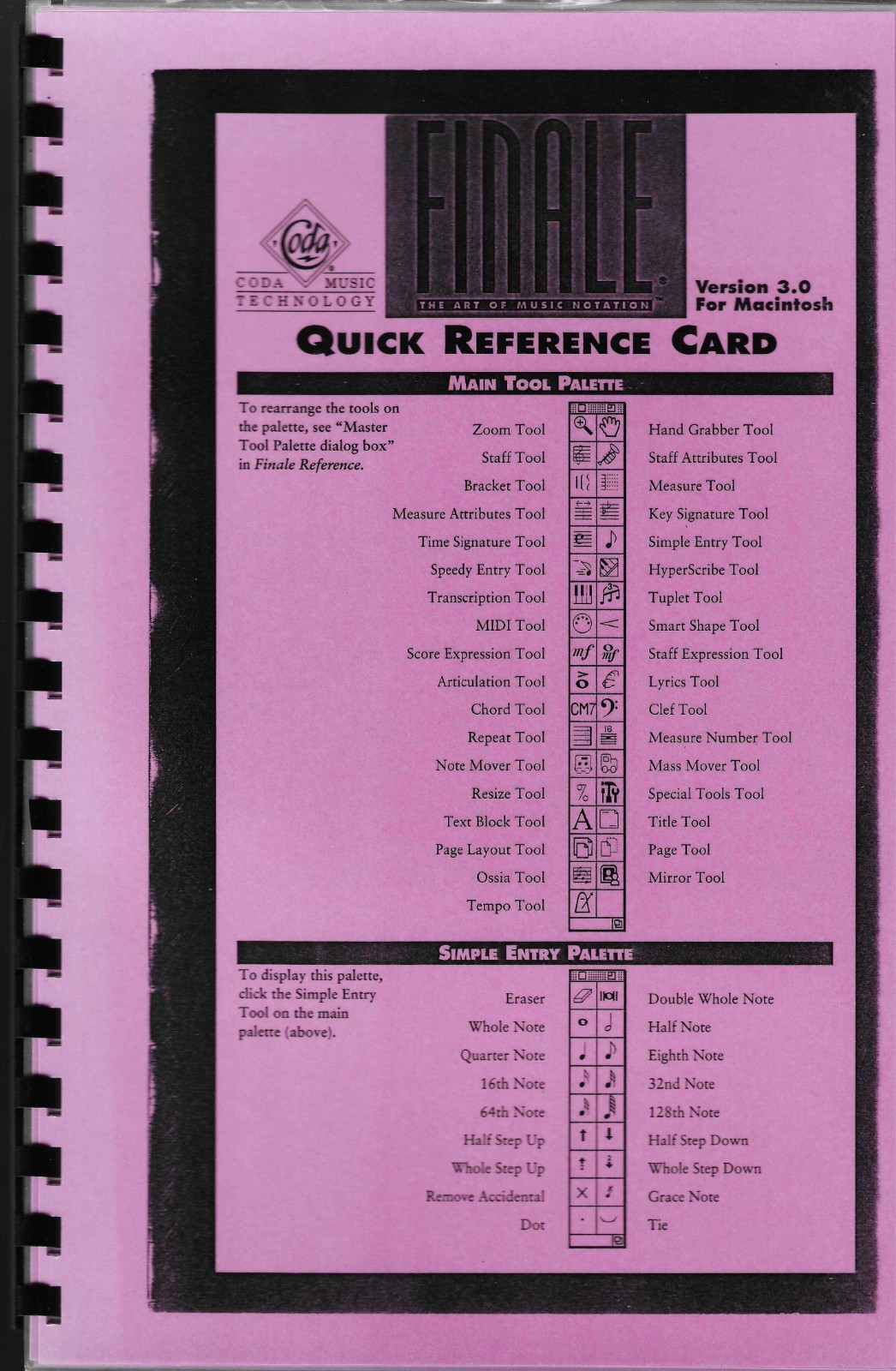 Finale Coda Version 3.0 MacIntosh QUICK REFERENCE CARD Laminated-Spiral Bound