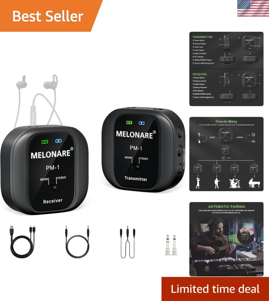 Wireless in-Ear Monitor System - UHF 500MHz, No Delay, HD Audio, Beltpack Tra...