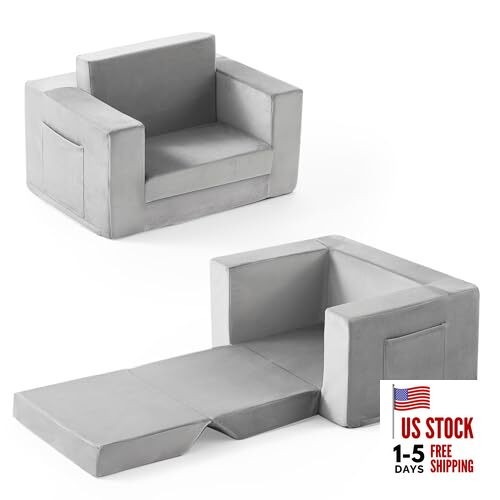 Kids Couch, 2-in-1 Toddler Chair Comfy 1-3 Years Old, Convertible Standard Grey