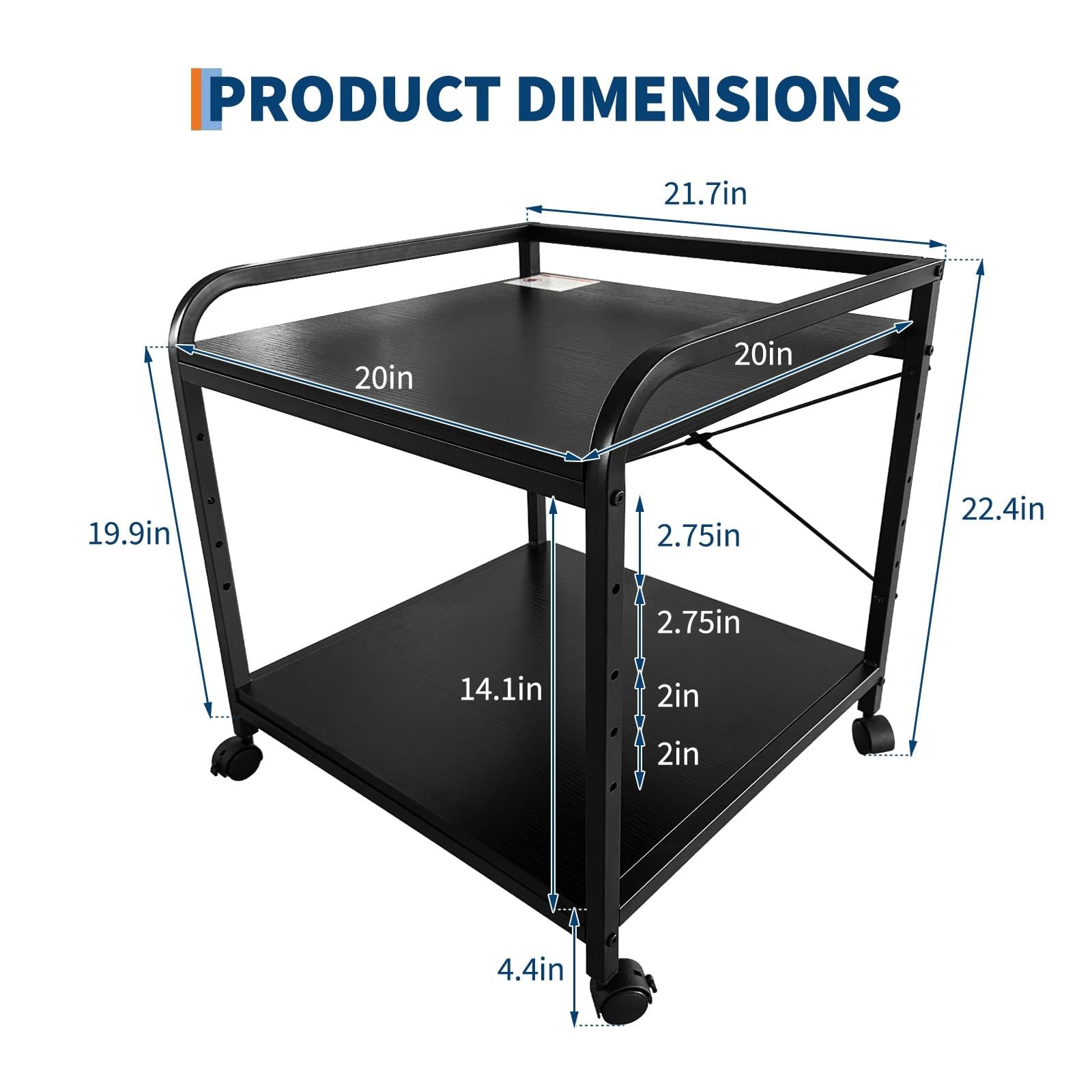 2 Tier Under Desk Printer Stand with Storage, 20" Deep Printer Table with Wheels