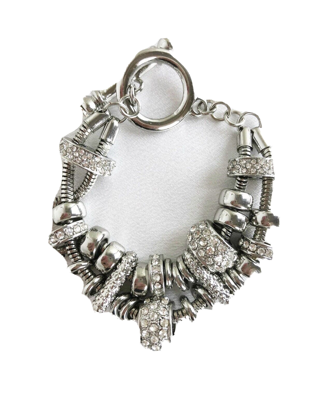 Silver Tone Charm Bracelet Double Strand Round Charms Glass Stones Toggle 7.75"