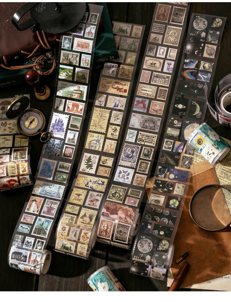 Large Deco Tape, Stamps, Old Map, Galaxy, Butterfly, Mushroom, Travel, Vintage