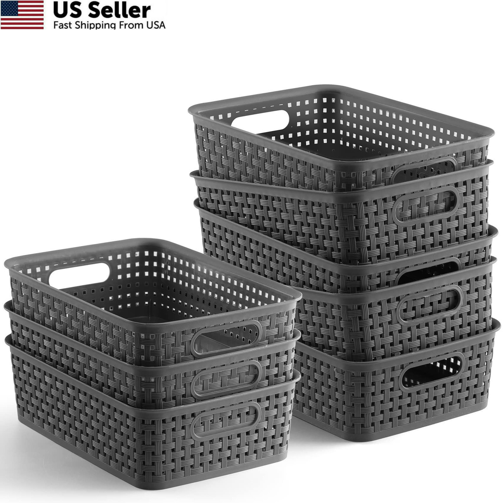 NETANY Plastic Storage Baskets - 8 Pack, 10.6" L x 7.2" W x 3.2" H, Gray