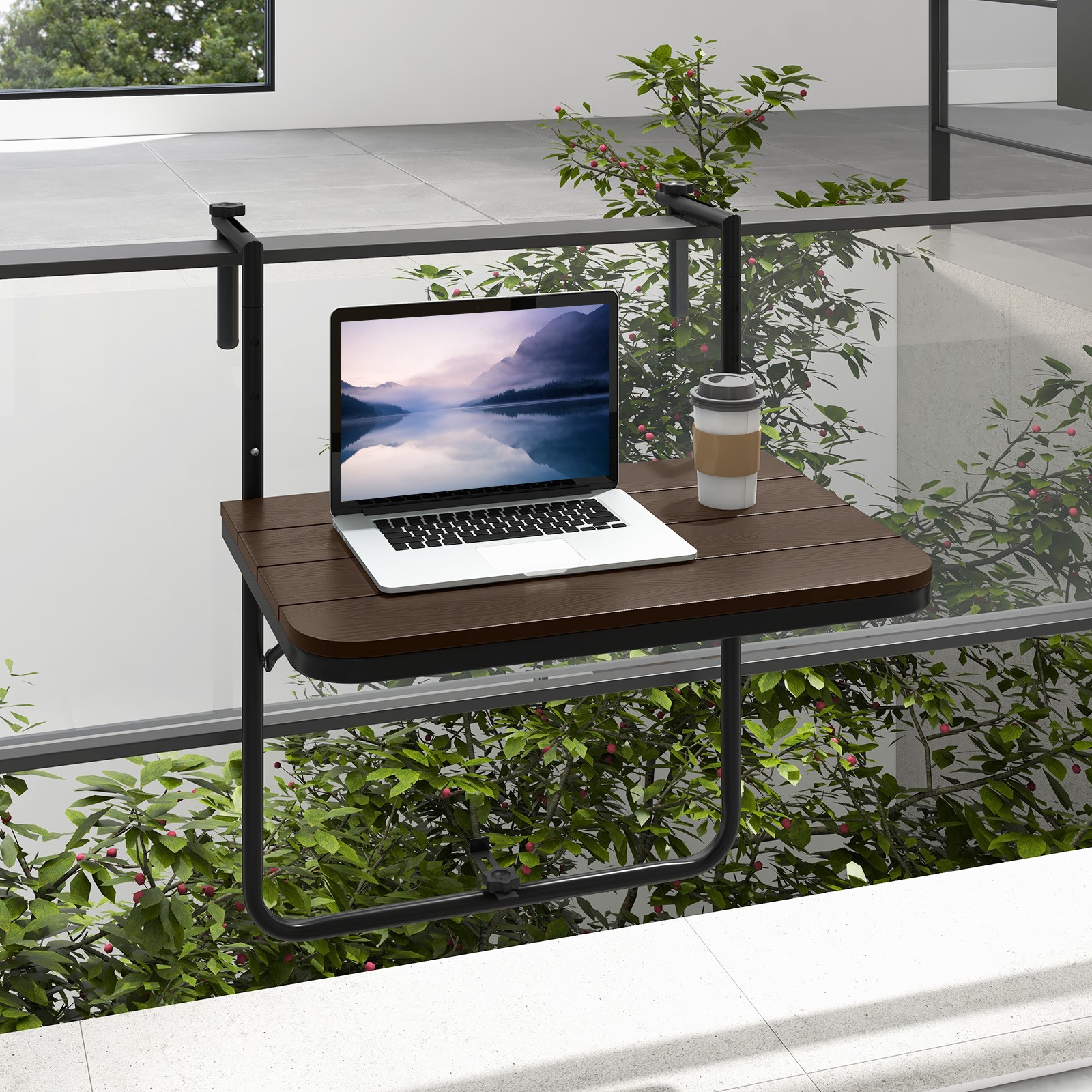 Folding Hanging Table Outdoor Railing Table w/ 3-Level Adjustable Height