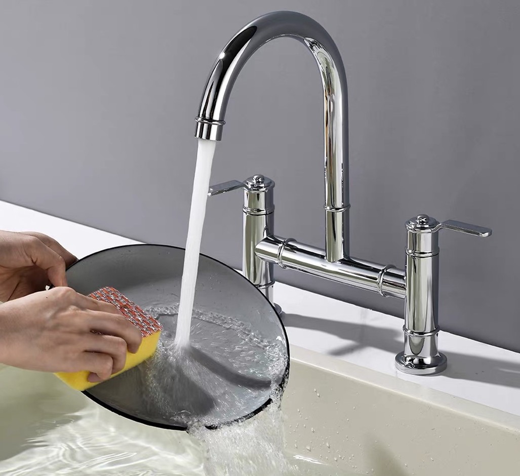 Brass Chrome Kitchen Faucet Double Handles Sink Mixer Tap Two Holes Deck Mounted
