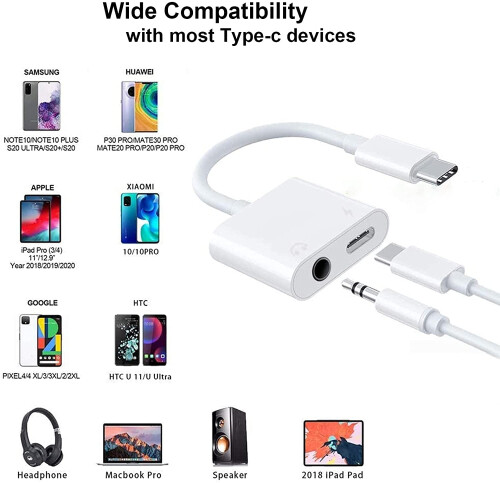 2 IN 1 USB C Type C to 3.5mm Headphone Jack Charging Cable Adapter For Samsung