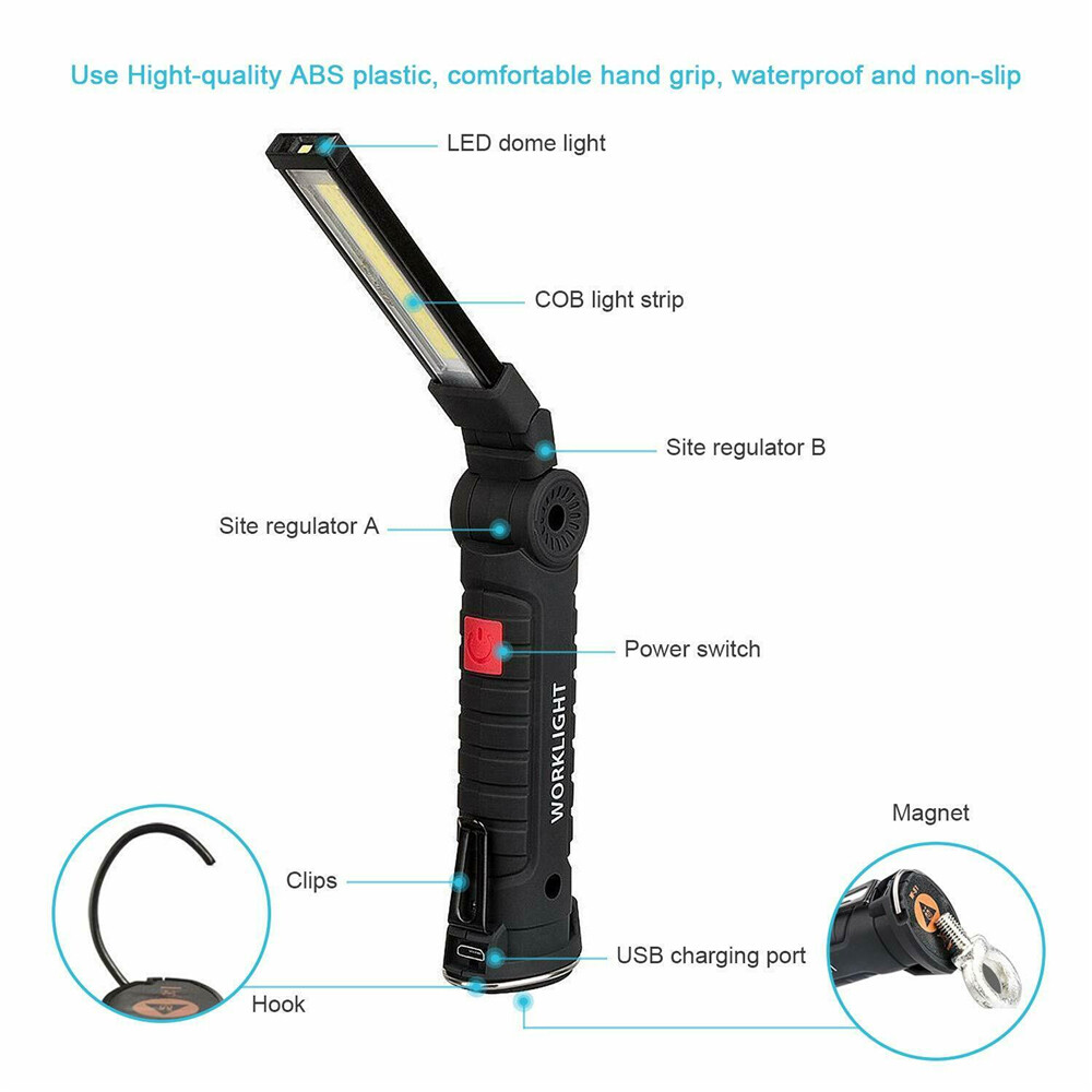 2Sets USB Rechargeable COB LED Work Light Lamp Inspect Folding Torch Flashlight