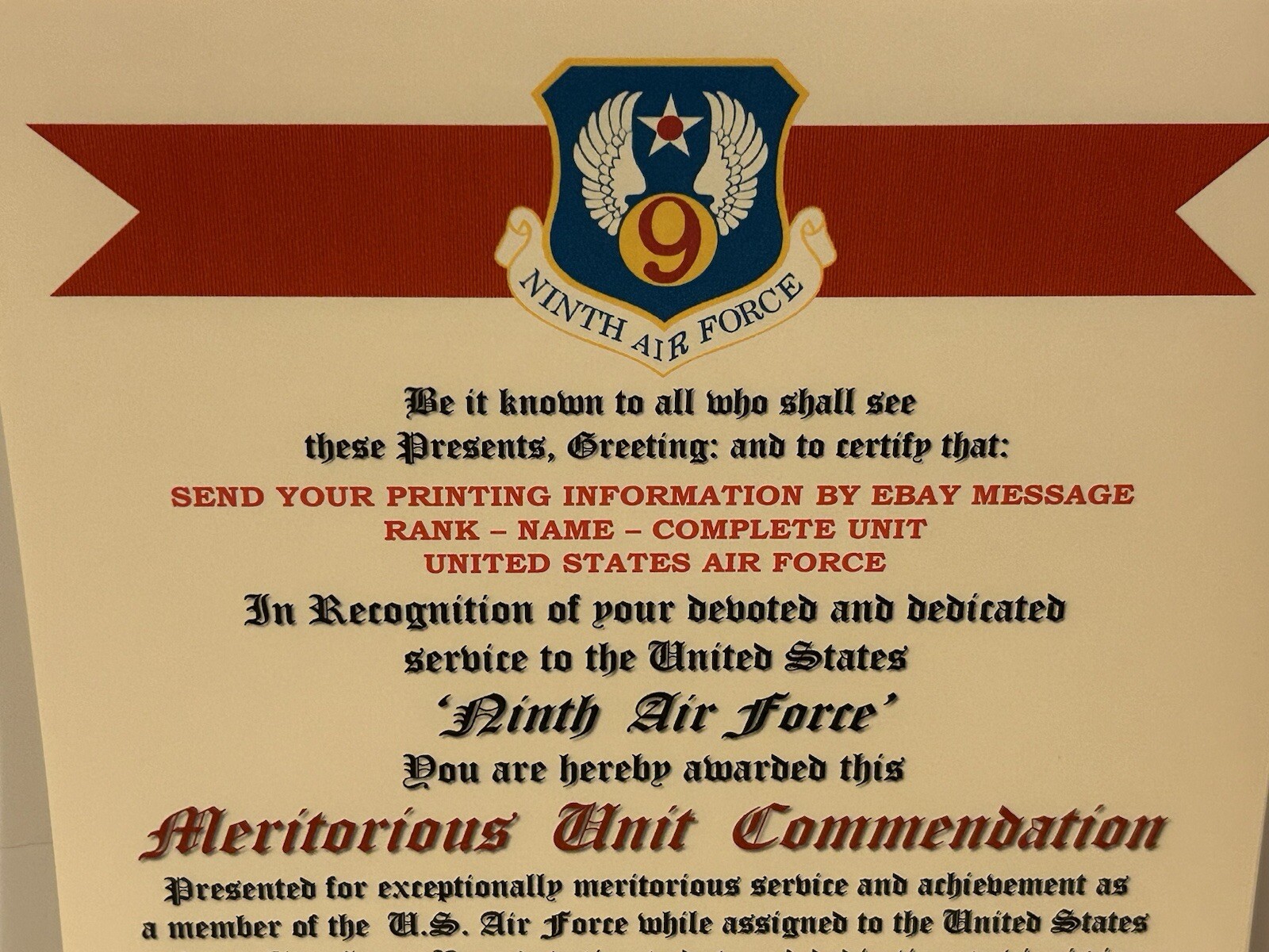 U.S. AIR FORCE / 9TH AIR FORCE - MERITORIOUS UNIT COMMENDATION CERTIFICATE