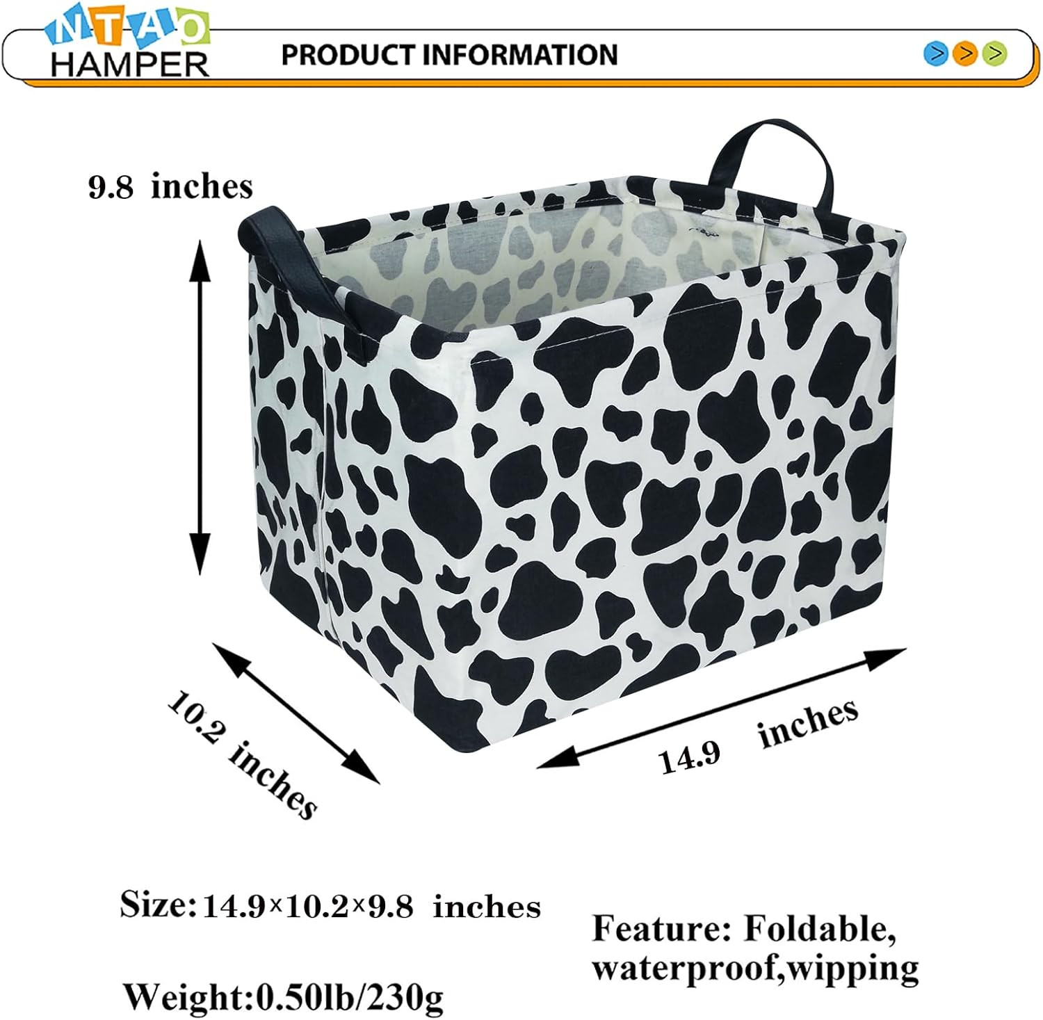 Rectangular Cow Storage Basket, Waterproof Cowprint Box with Handles, Room Decor