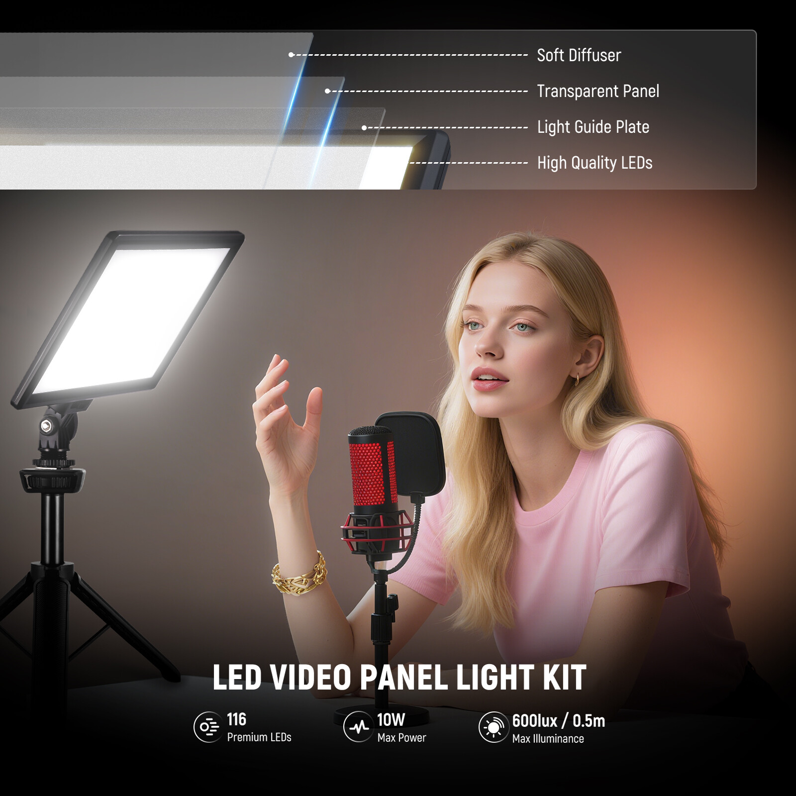NEEWER 9" LED Video Light, 3200K-5600K CRI95+, w/Tripod & USB-C, NL-116AID