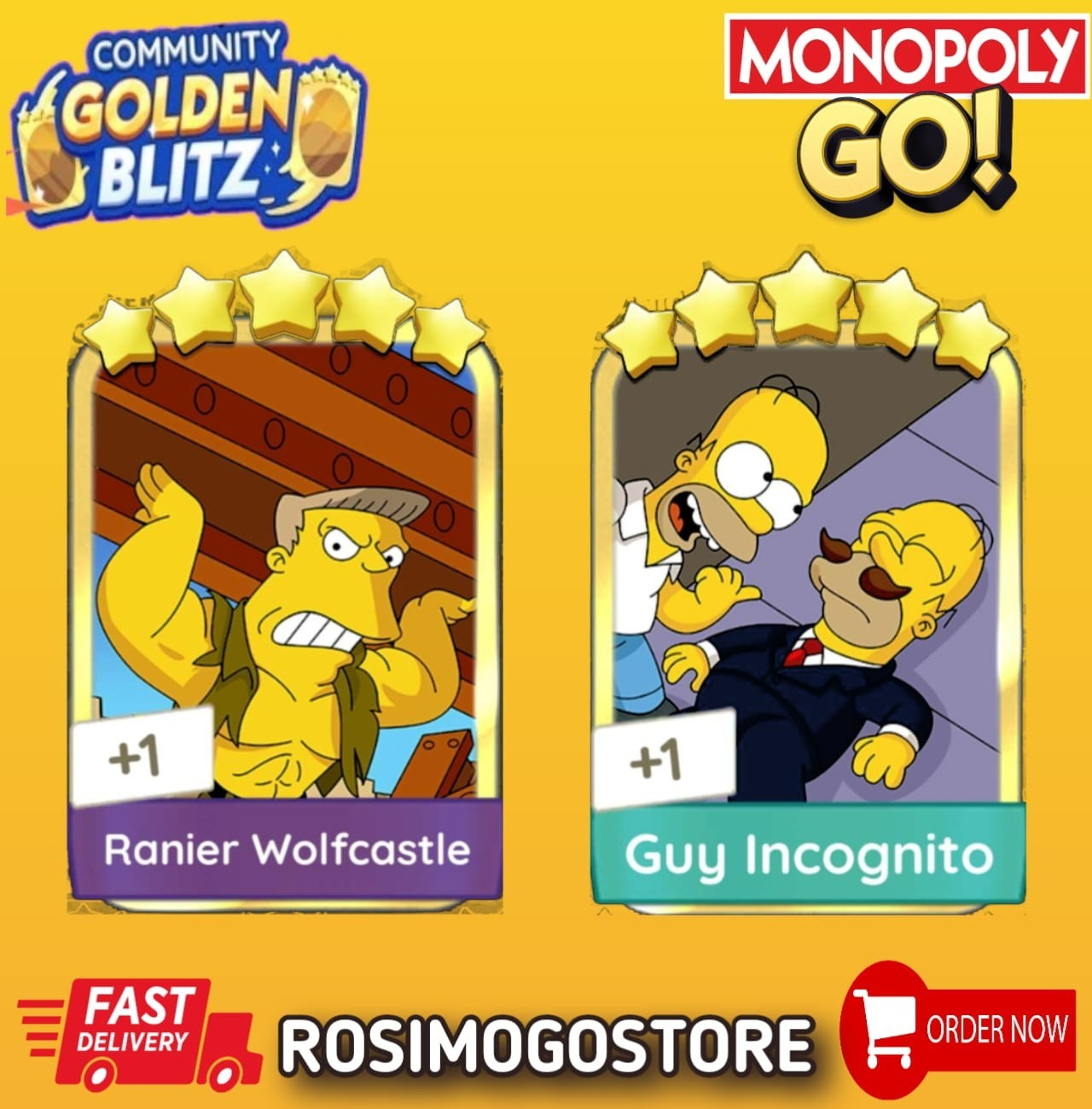 Monopoly Go Golden Blitz 5⭐Ranier Wolfcastle & 5⭐Guy Incognito - Cheap