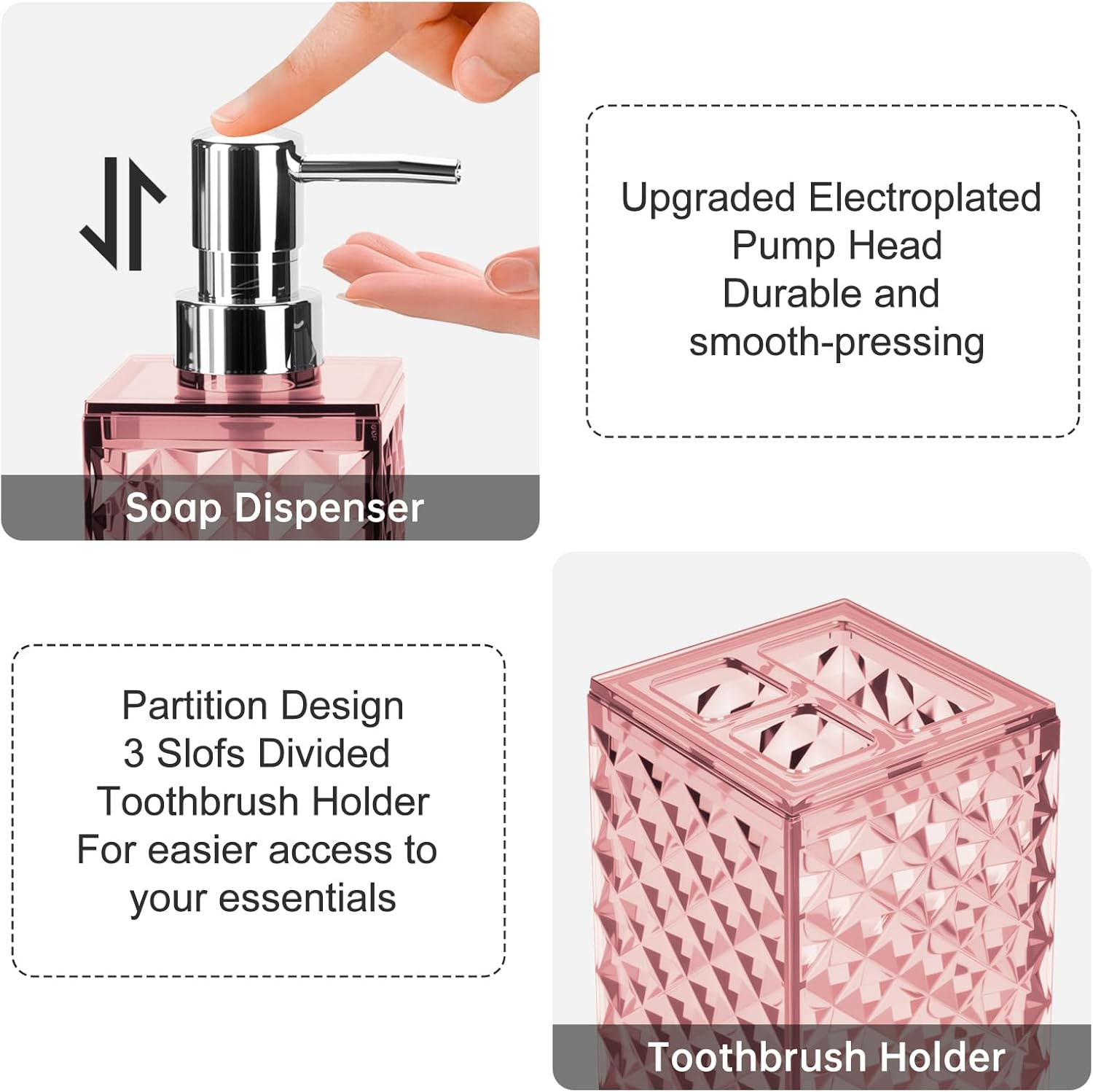 Pink Bathroom Accessories Set, 2-Piece Soap Dispenser & Toothbrush Holder