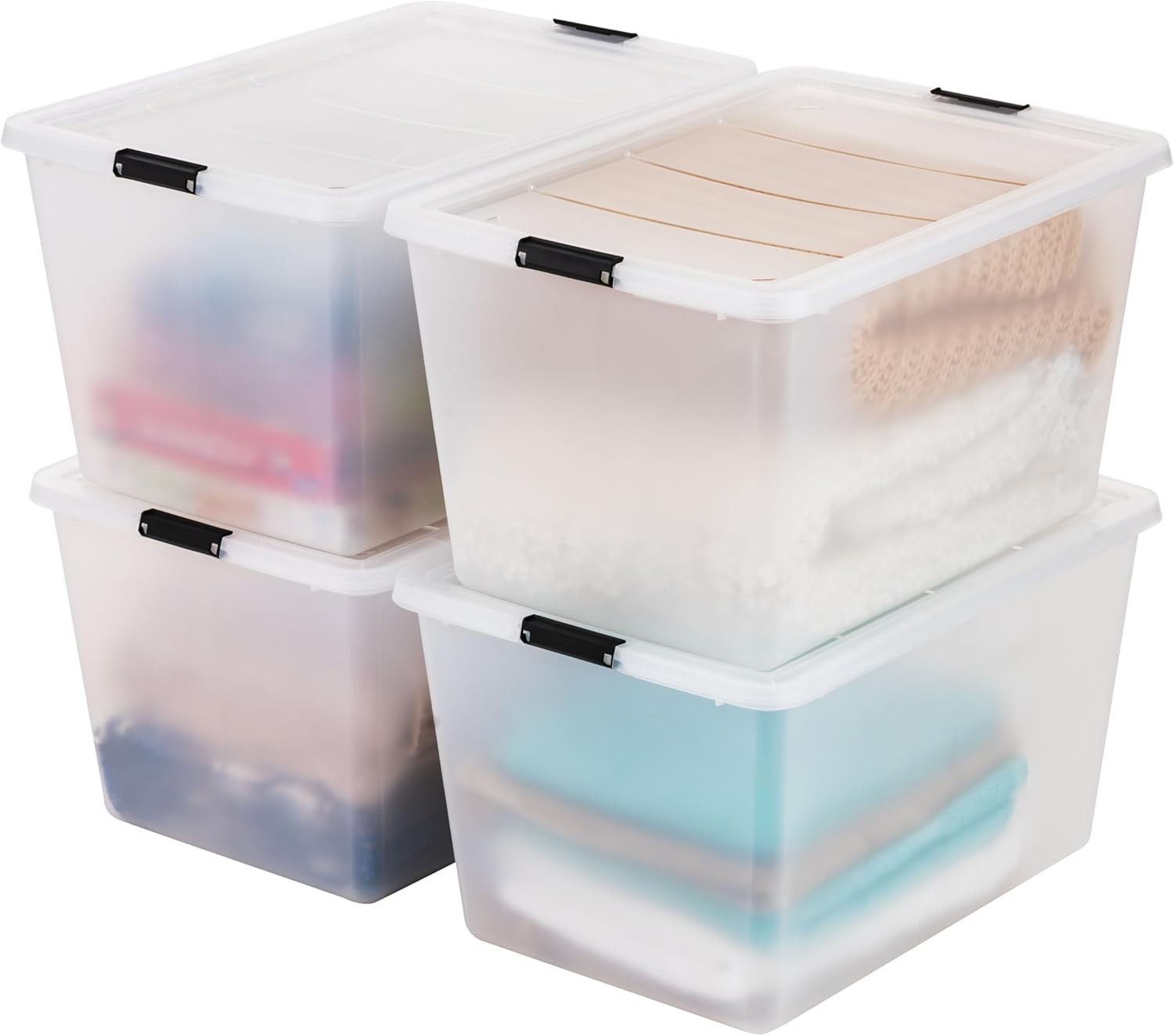 4-Pack High-Capacity Clip Box with Latching Lids, 55 Quart Storage Bins, Supp...