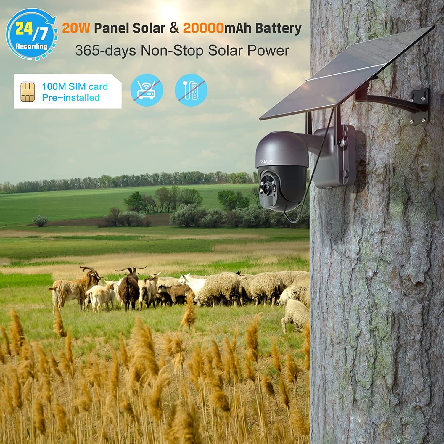 Xega 4G LTE Cellular Security Camera - 20W Solar Panel 20000mAh Built-in Battery