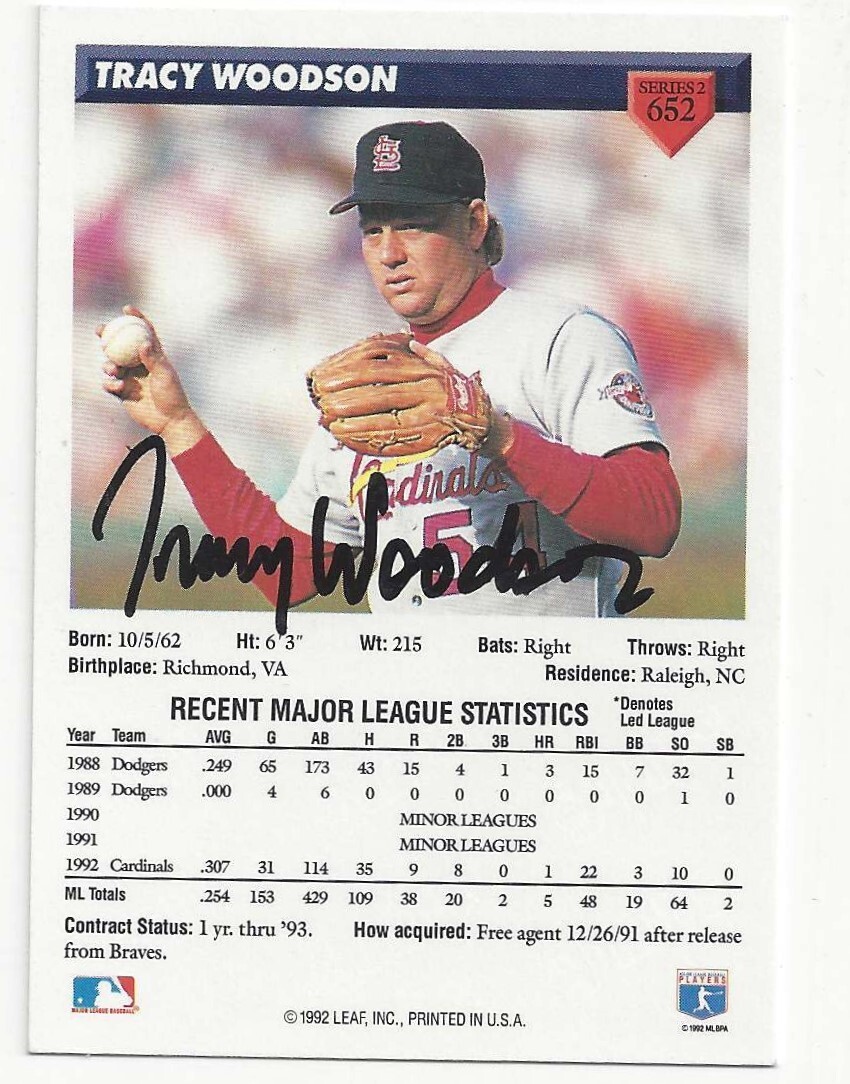 Tracy Woodson St Louis Cardinals 1993 Donruss #653 Signed Card on Back