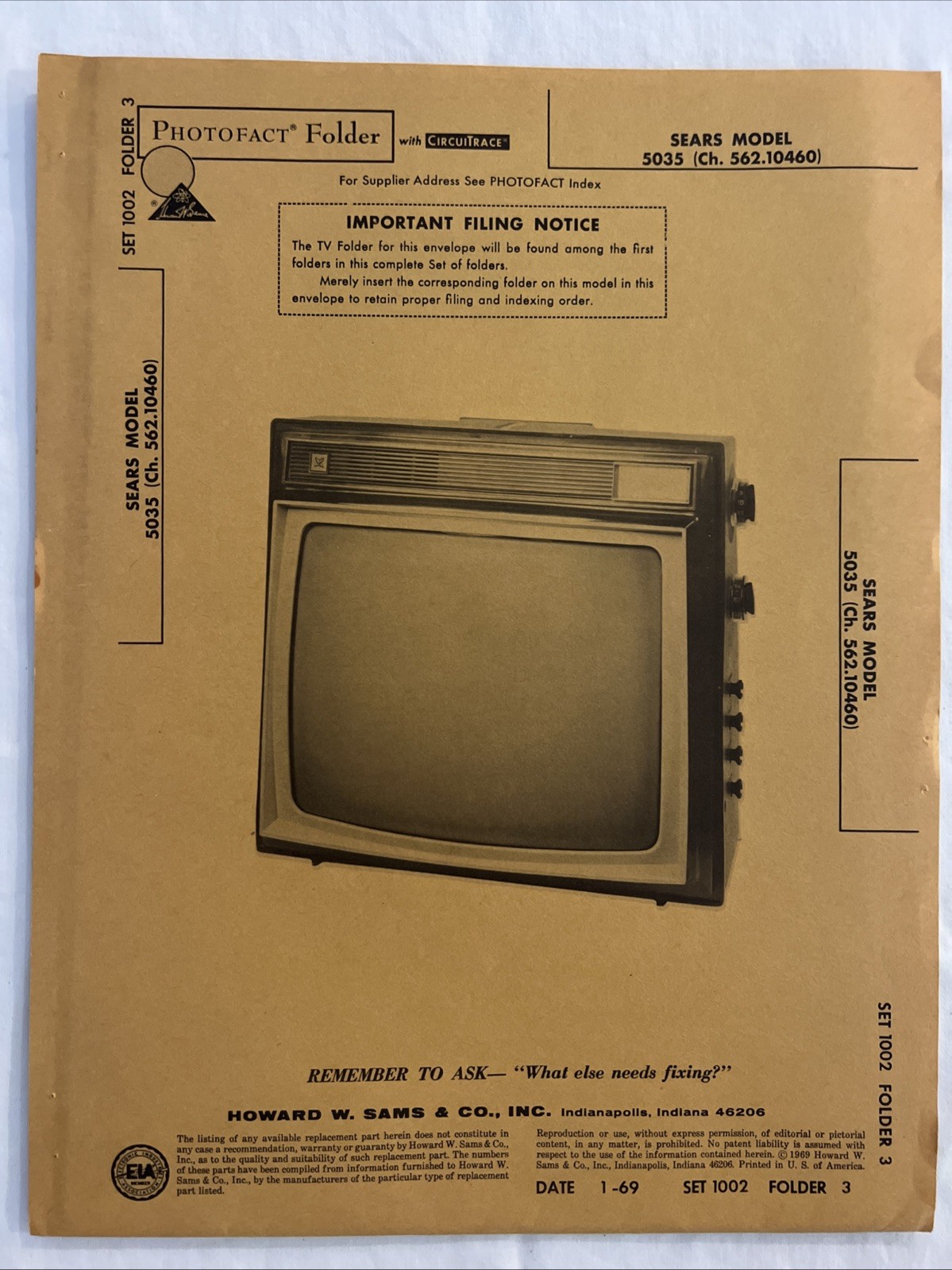 Vintage Sams Photofact Schematic 1-1969 SEARS MODEL 5035 (Ch. 562.10460)