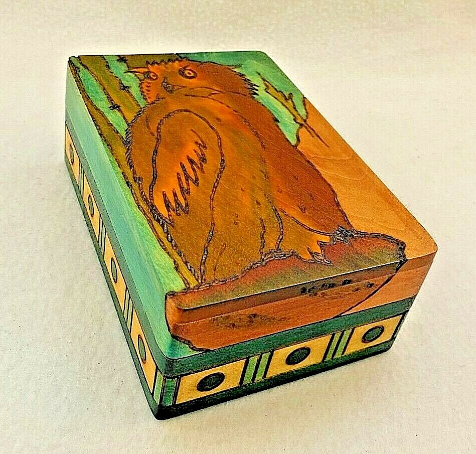 Handcrafted Painted Hinged Wooden Treasure Box Owl Made in Poland