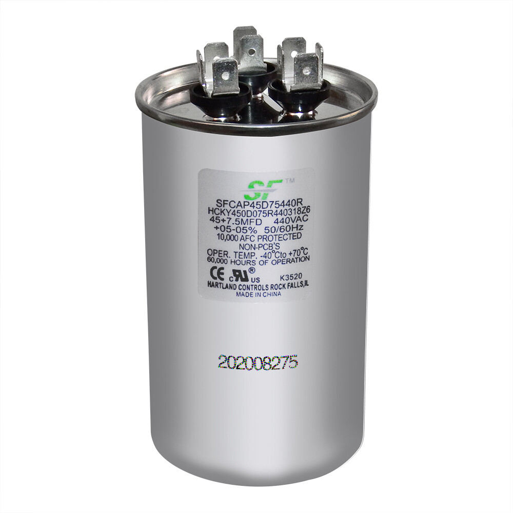 TRANE Dual Run Capacitor - 45+7.5 MFD - 370/440VAC Round / Motor & Comp