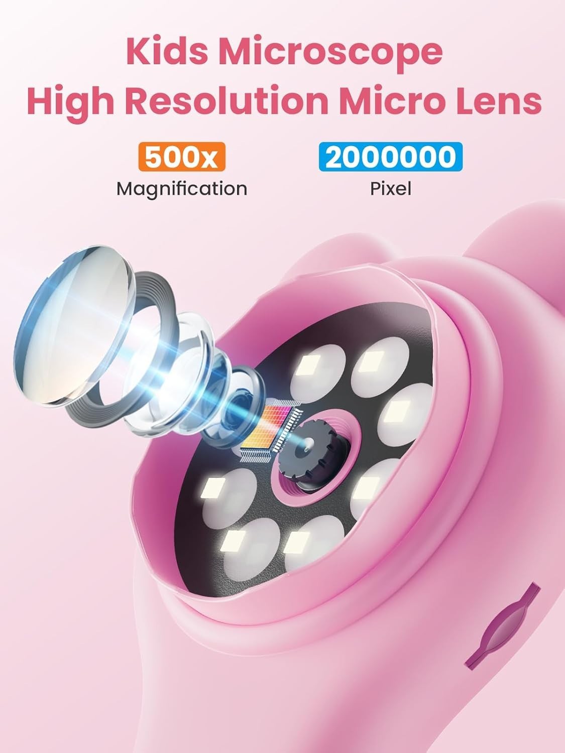 Kids Pink Digital Microscope 500X with 8 LED Lights, Explore Microscopic Wonders