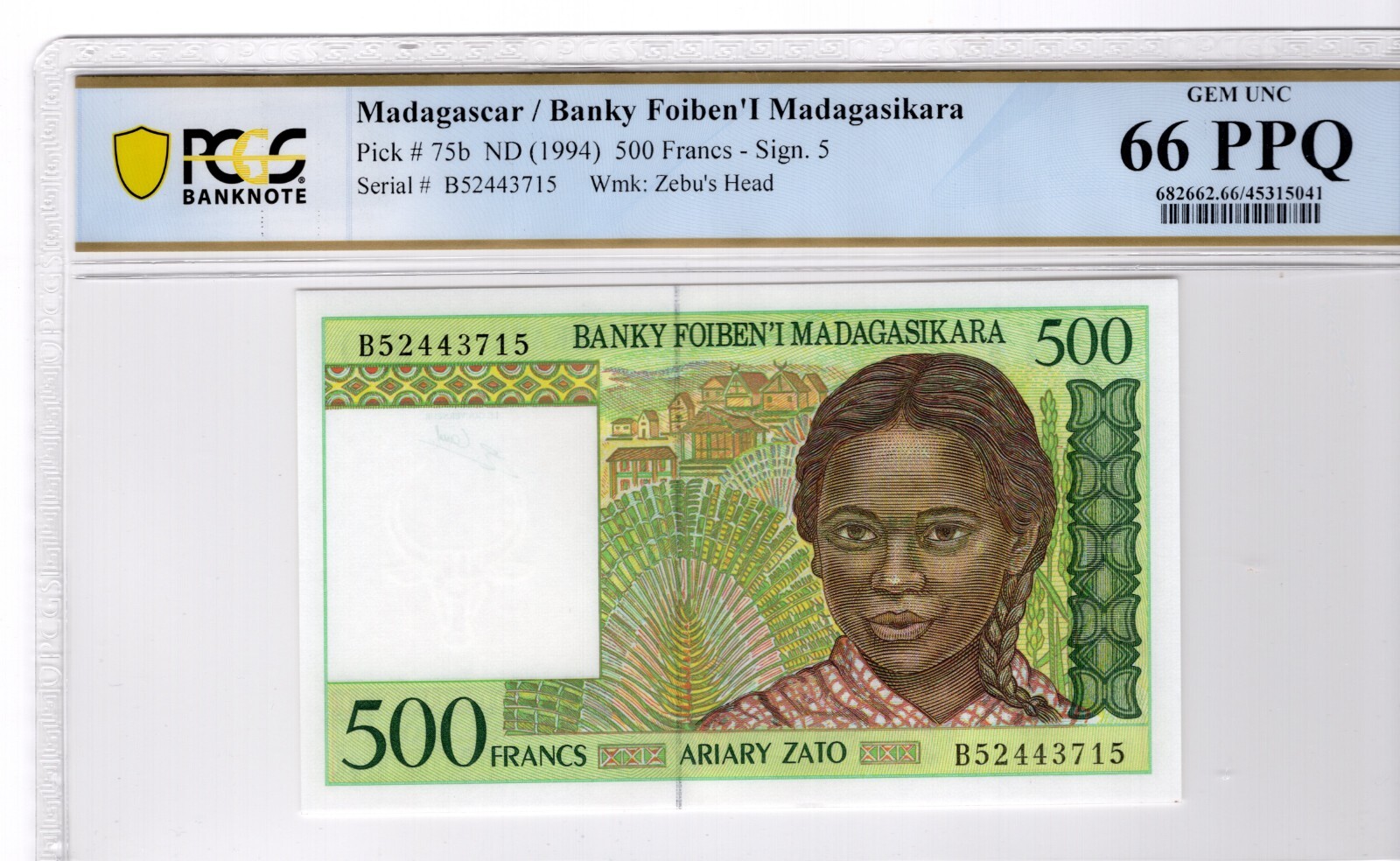 Madagascar 1994 500 Francs PCGS Banknote UNC Gem 66 PPQ Pick 75b