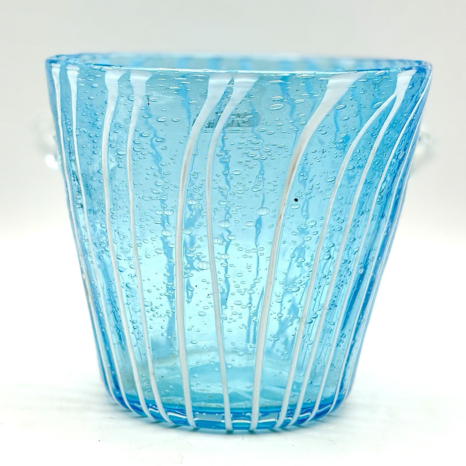 Vintage Murano Glass Venini by Disaronno Light Blue Bubbled Striped Ice Bucket