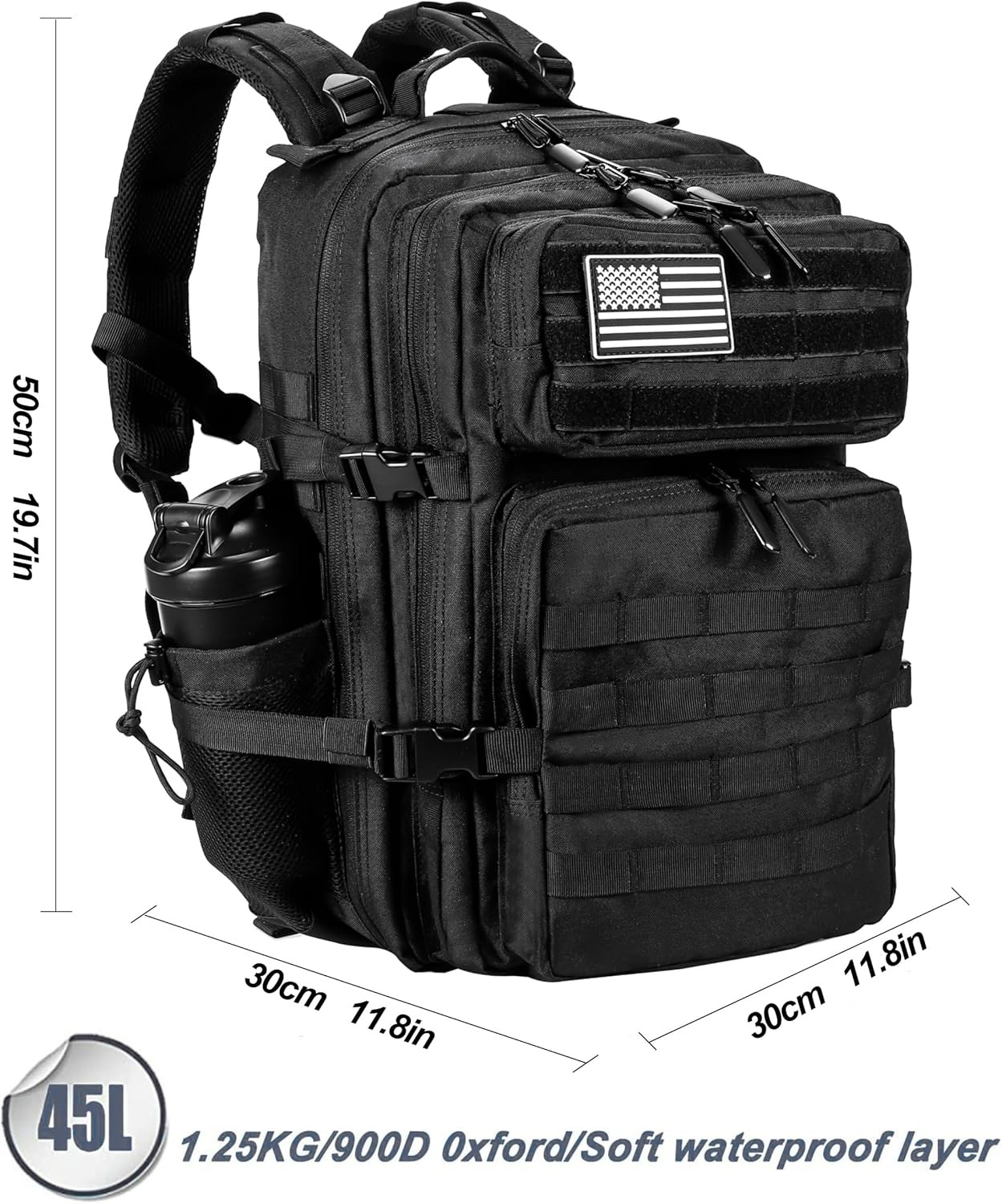 Military Tactical Backpack 45L Army 3 Days Assault Pack Bag Black