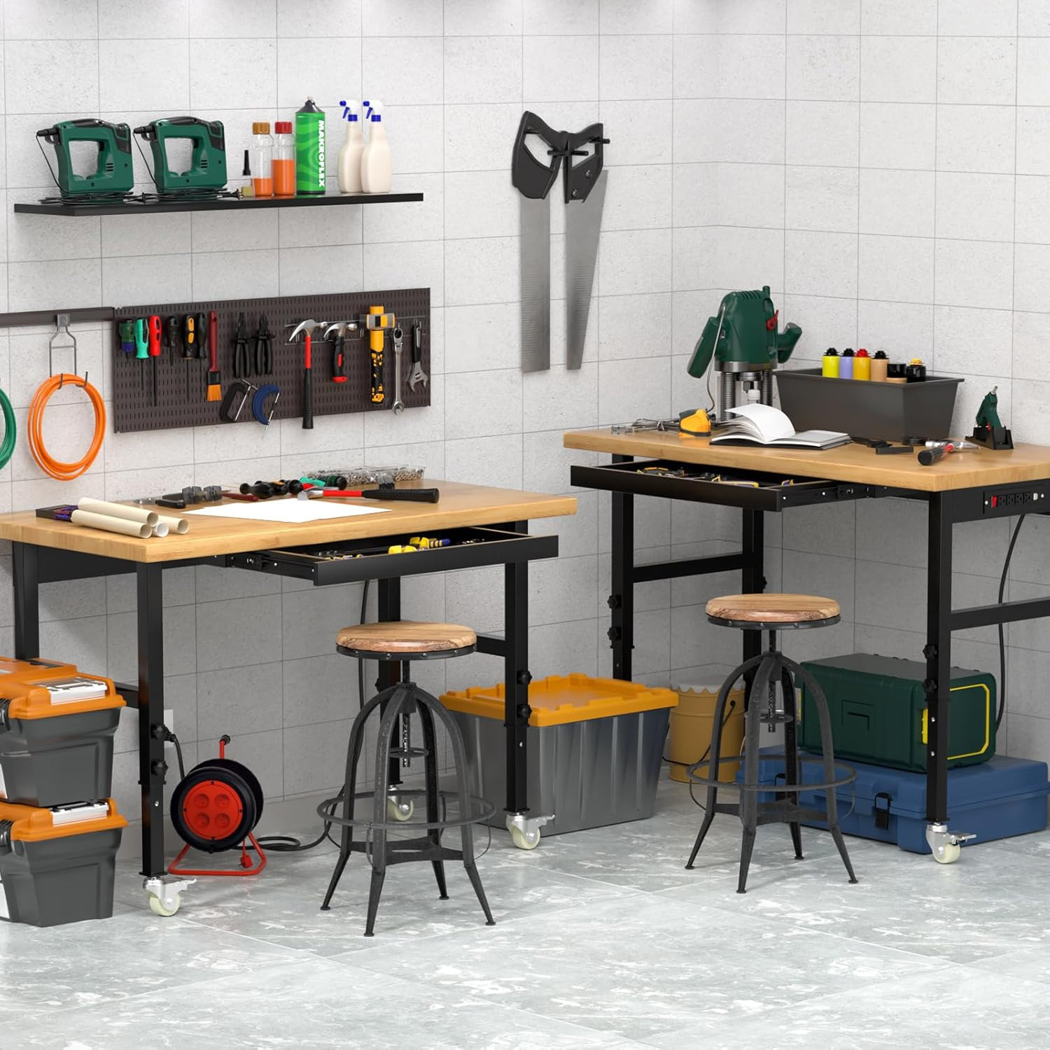 48" Heavy Duty Solid Wood Work Bench, Work Table with Drawers, Portable Garage W