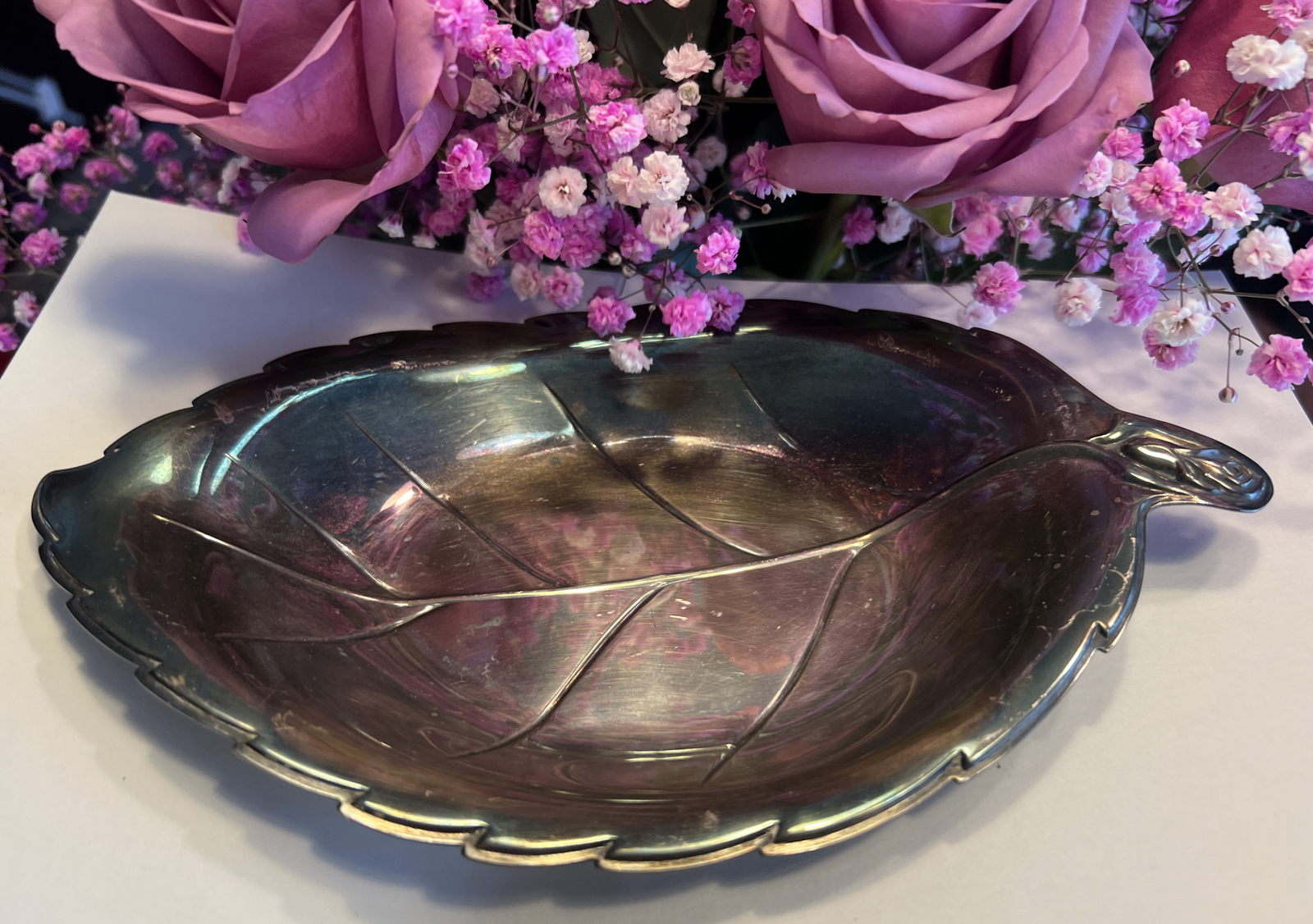 International Silver Company Model 348 Silverplate Tray Dish Bowl Rose Handle