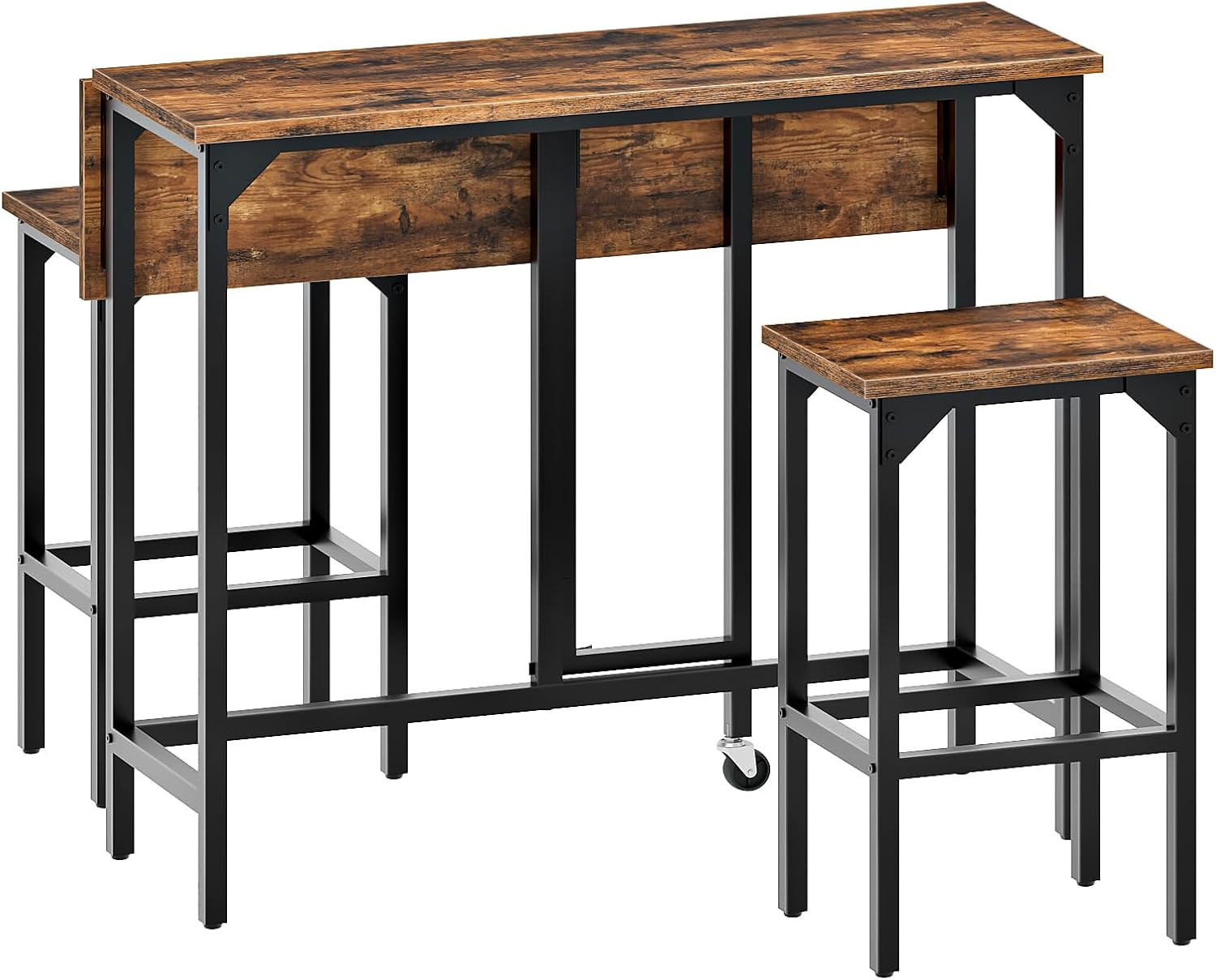 Industrial Bar Table and Stool Set, Rustic Brown and Black, 39.4'' Folding