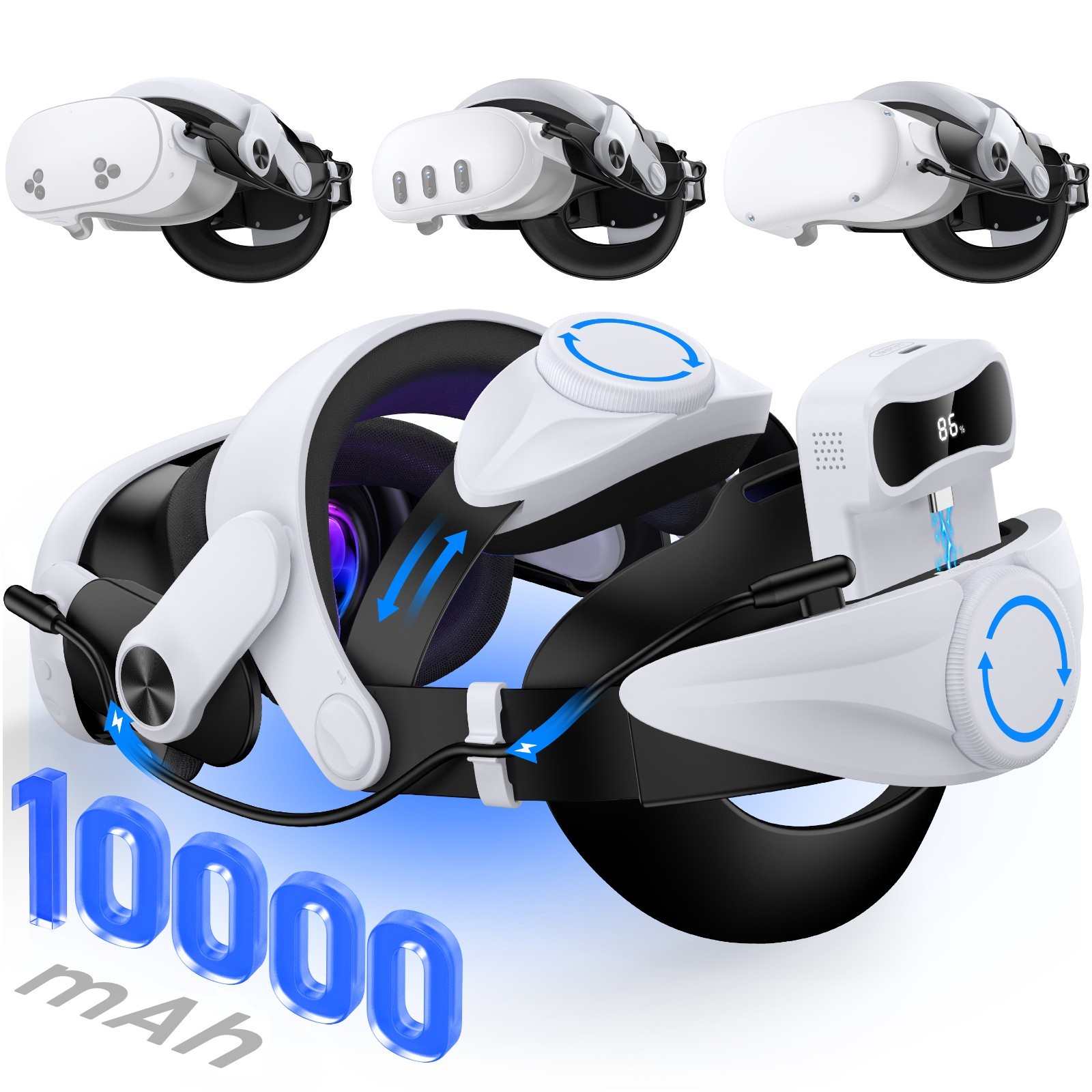 VR Headset Head Strap for Meta Quest 3/3S/2 with 10000mAh Hot-Swappable Battery
