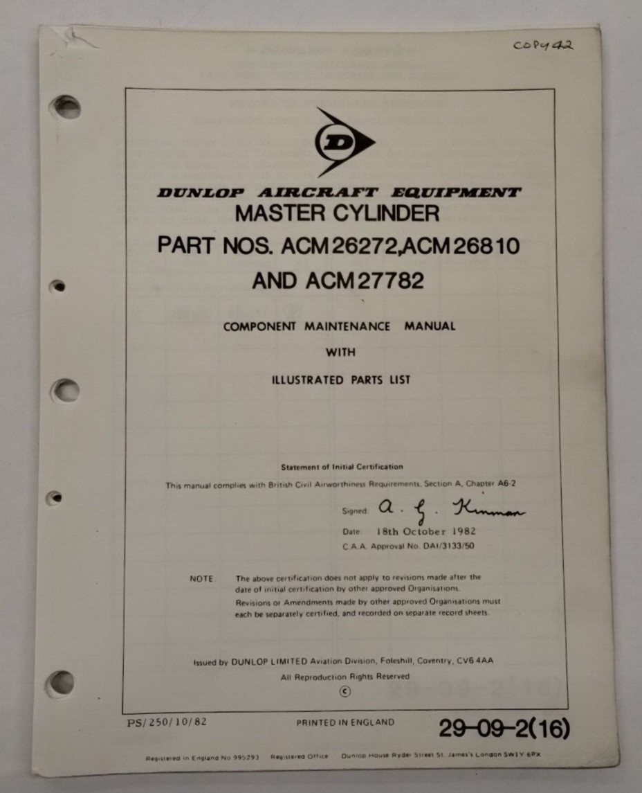 Dunlop Master Cylinder Part Nos ACM26272/ACM26810/ACM27782 Maintenance Parts