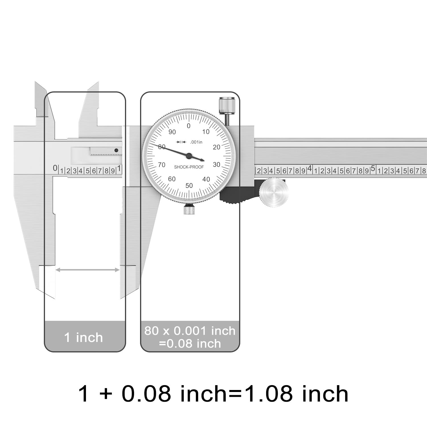 Shockproof Dial Caliper, 0-6 Range, 0.001 Resolution, 4-Way Measurement