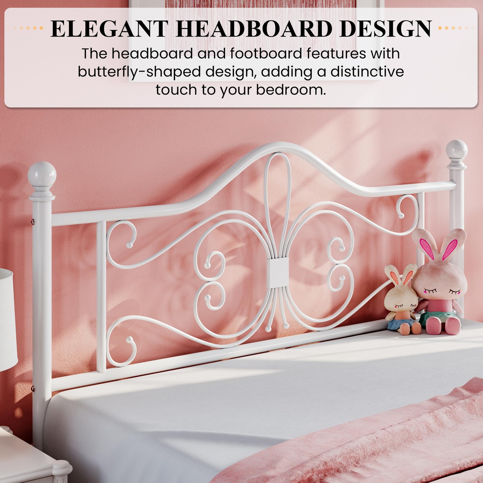 Queen Size Metal Bed Frame White Butterfly Pattern No Box Spring Needed