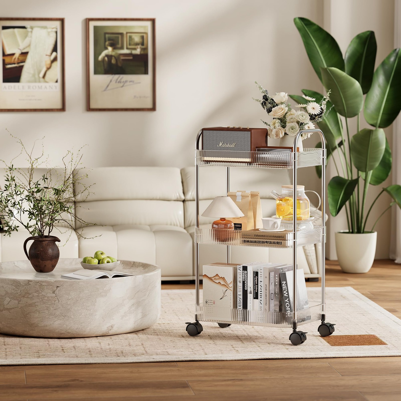 3 Tier Rolling Cart with Lockable Wheels, Clear Acrylic Utility Trolley with ...