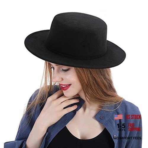 Fashion Classic Black Fedora Flat Hat, Wide Brim Jazz Hats Medium-Large Black 2