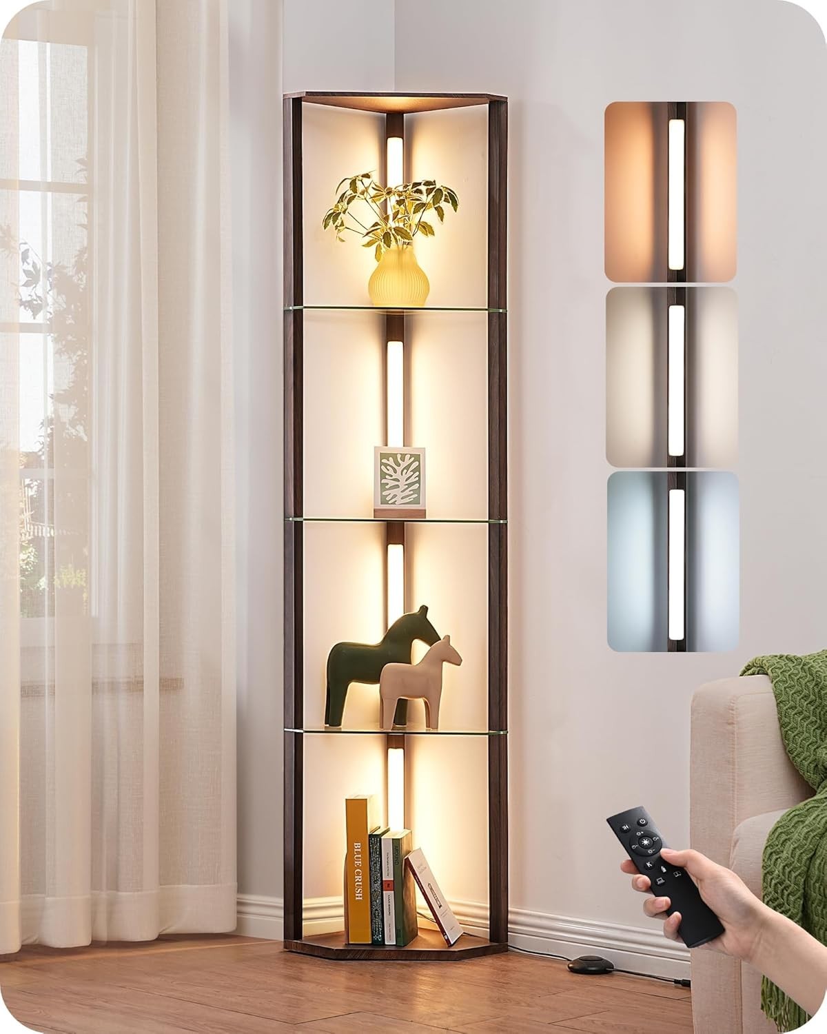 Floor Lamp W/ Shelves 5-Tier Glass Display Shelf W/ Remote/Foot Control 5CCT &