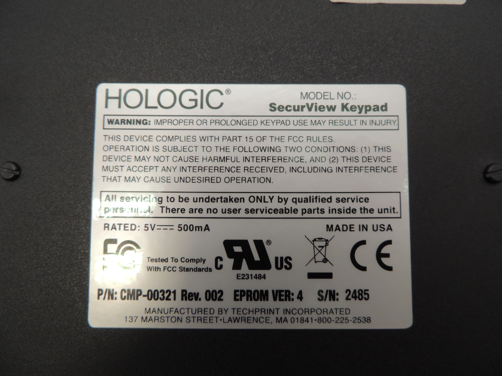 Hologic SecurView Keypad CMP-00321 Rev. 002 w/ USB Cable Tested Working