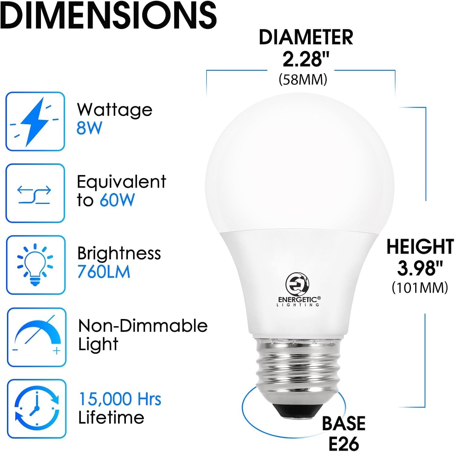 Energetic 24-Pack A19 LED Light Bulb, 60 Watt Equivalent, Daylight 5000K, E26